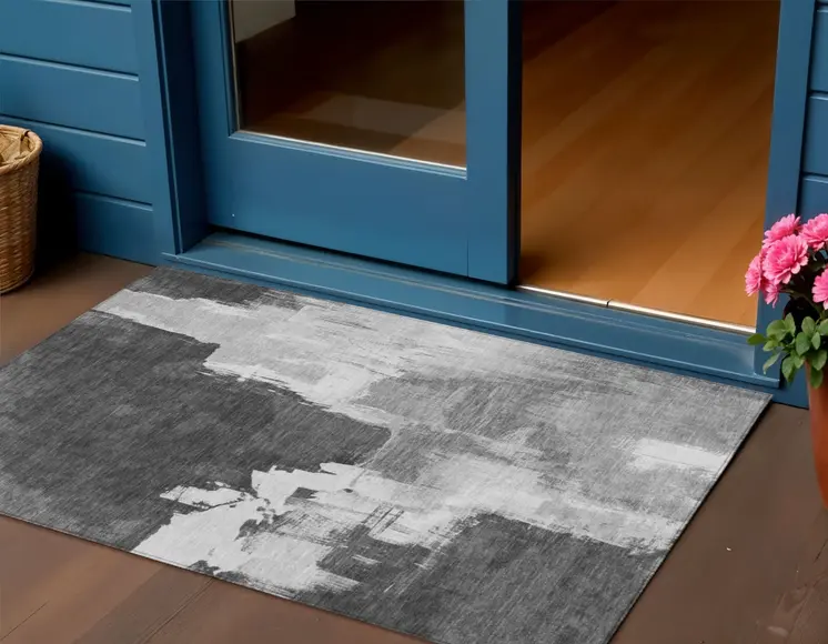 3' X 5' Gray And Smoky Black Abstract Washable Indoor Outdoor Area Rug