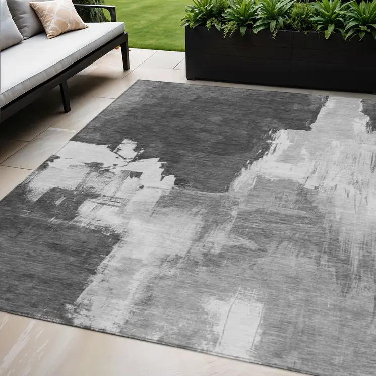 5' X 8' Gray And Smoky Black Abstract Washable Indoor Outdoor Area Rug