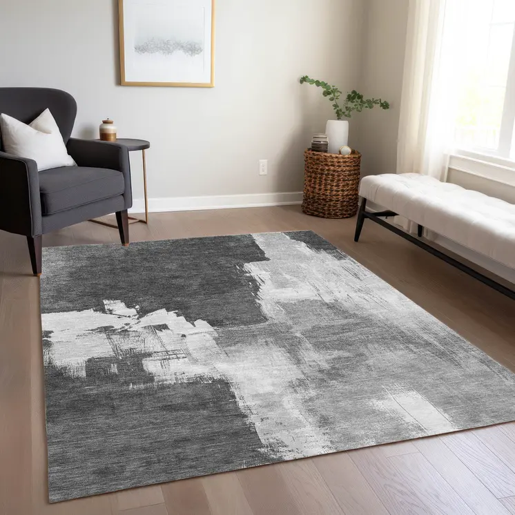 5' X 8' Gray And Smoky Black Abstract Washable Indoor Outdoor Area Rug