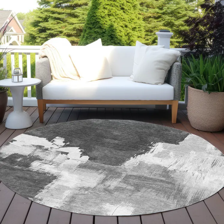 8' Gray And Smoky Black Round Abstract Washable Indoor Outdoor Area Rug