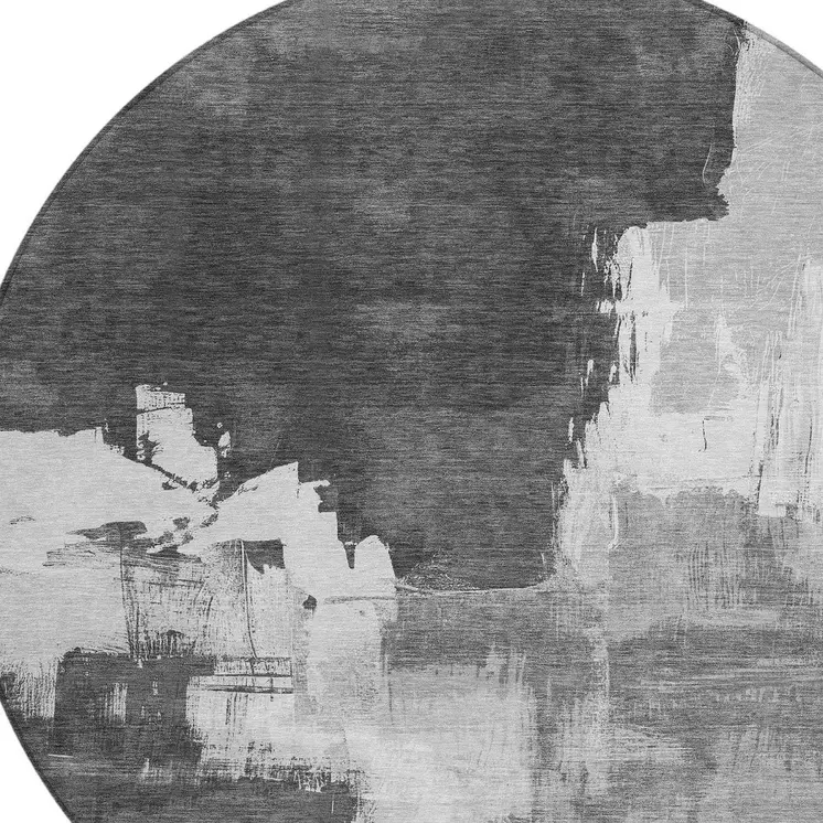 8' Gray And Smoky Black Round Abstract Washable Indoor Outdoor Area Rug