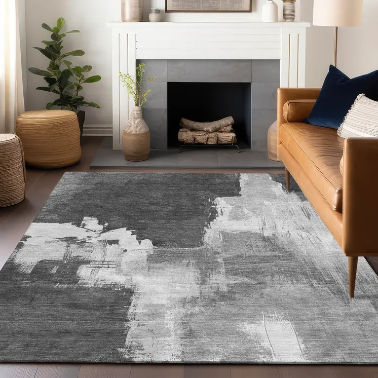 10' X 14' Gray And Smoky Black Abstract Washable Indoor Outdoor Area Rug