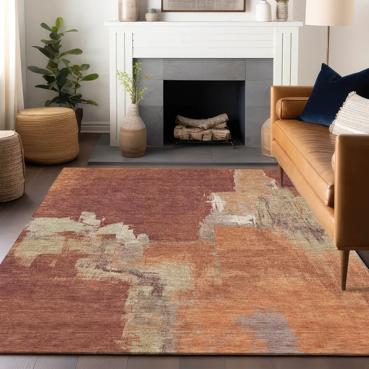 3' X 5' Orange And Burnt Orange Abstract Washable Indoor Outdoor Area Rug