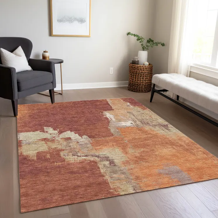 3' X 5' Orange And Burnt Orange Abstract Washable Indoor Outdoor Area Rug