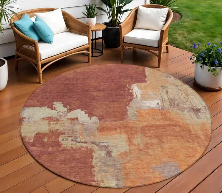 8' Orange And Burnt Orange Round Abstract Washable Indoor Outdoor Area Rug