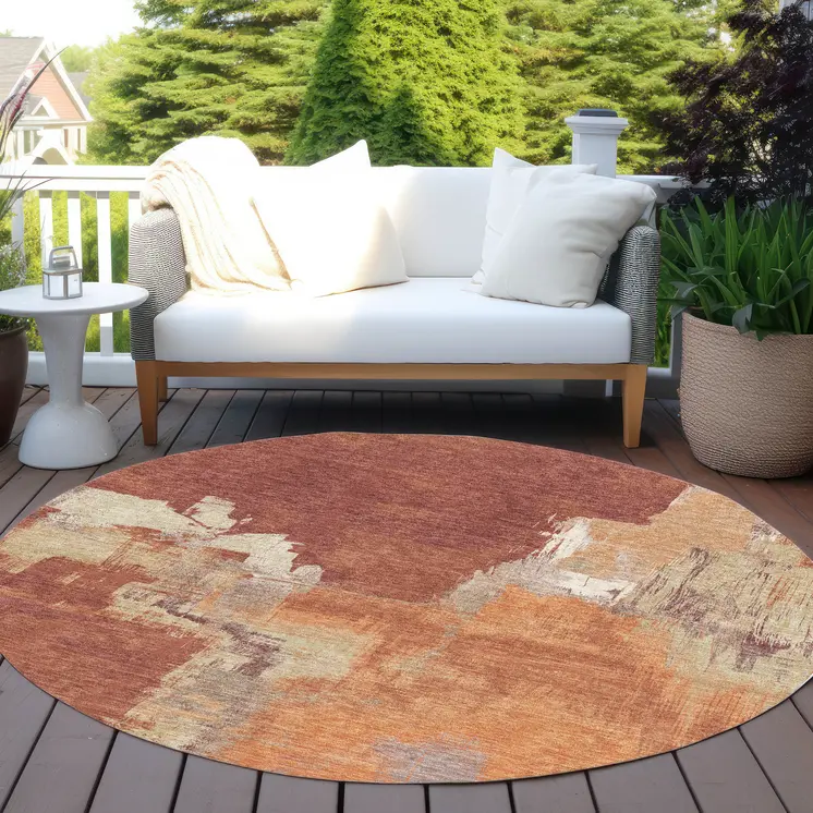 8' Orange And Burnt Orange Round Abstract Washable Indoor Outdoor Area Rug