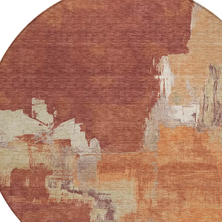 8' Orange And Burnt Orange Round Abstract Washable Indoor Outdoor Area Rug