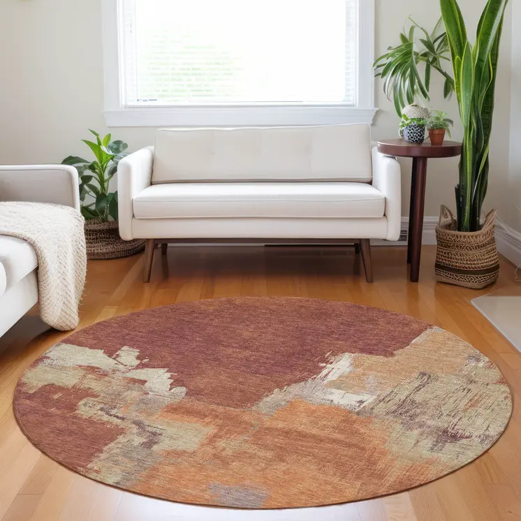 8' Orange And Burnt Orange Round Abstract Washable Indoor Outdoor Area Rug