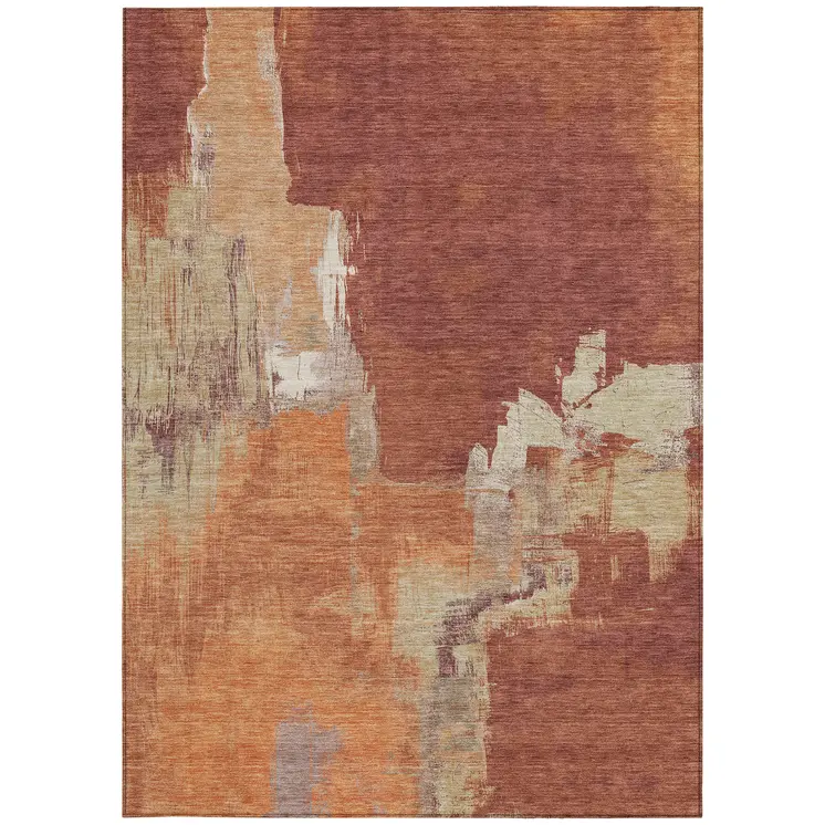 9' X 12' Orange And Burnt Orange Abstract Washable Indoor Outdoor Area Rug