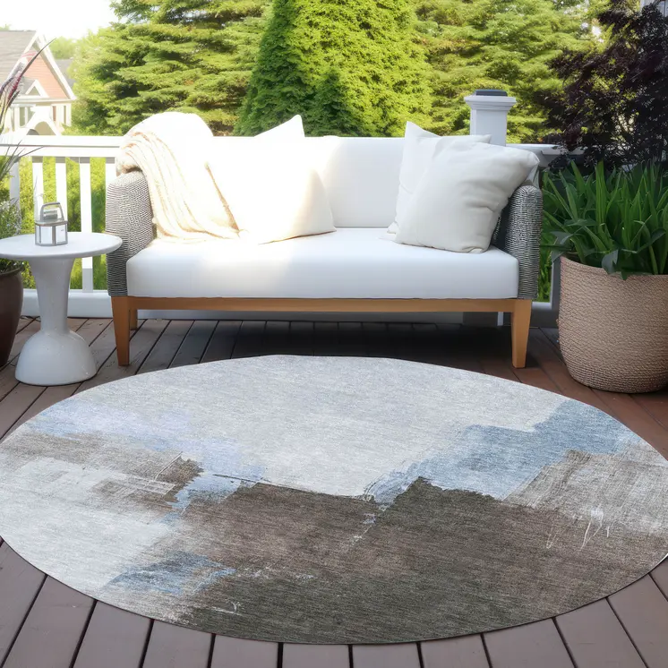 8' Sky Blue And Blue Round Abstract Washable Indoor Outdoor Area Rug