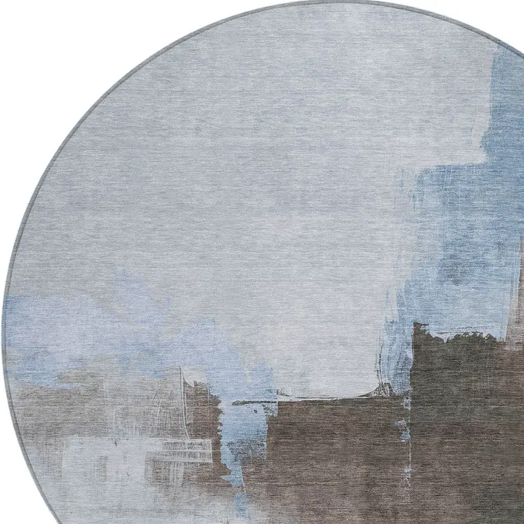8' Sky Blue And Blue Round Abstract Washable Indoor Outdoor Area Rug