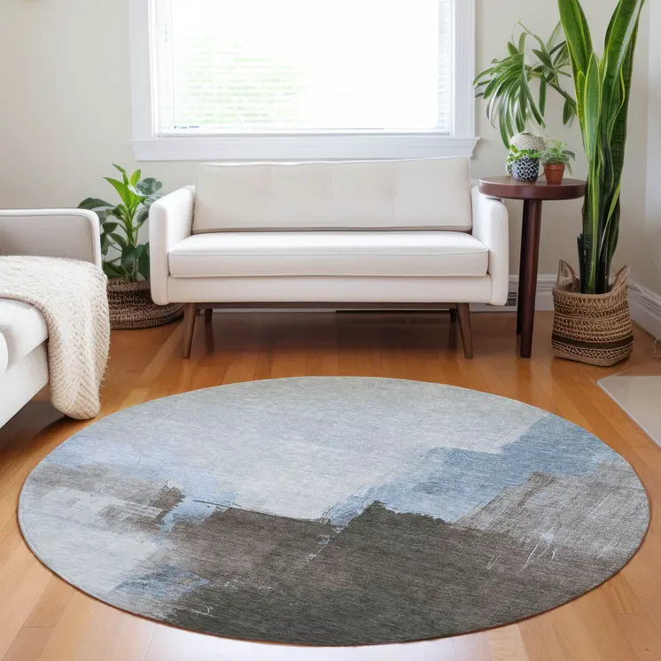8' Sky Blue And Blue Round Abstract Washable Indoor Outdoor Area Rug
