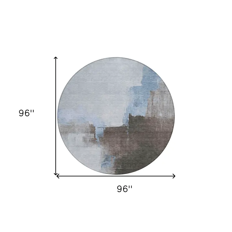 8' Sky Blue And Blue Round Abstract Washable Indoor Outdoor Area Rug