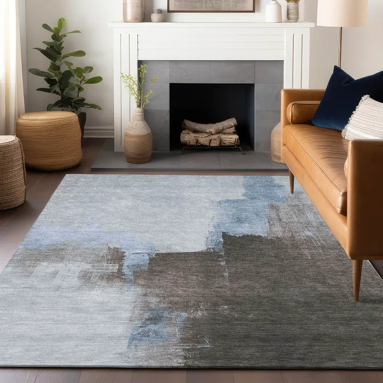 9' X 12' Sky Blue And Blue Abstract Washable Indoor Outdoor Area Rug
