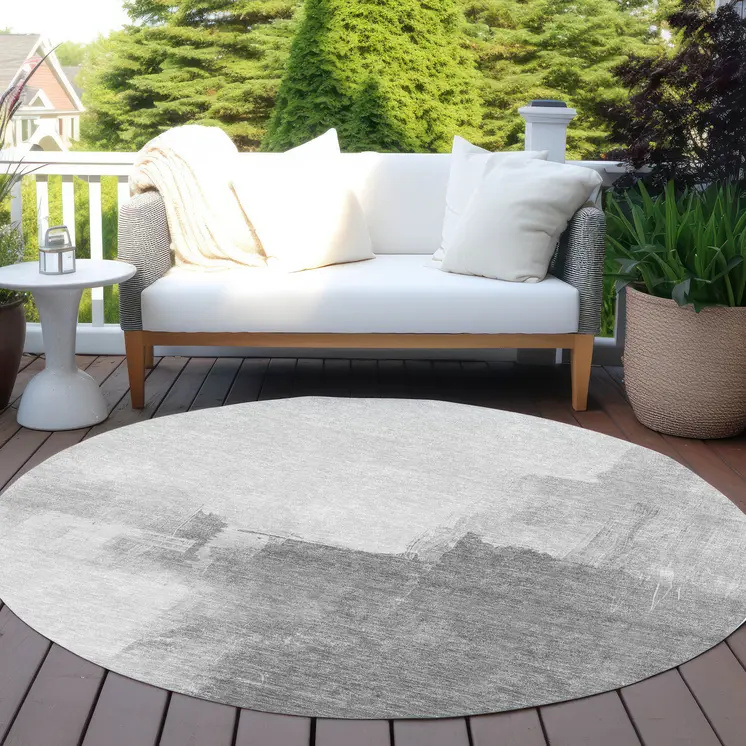 8' Silver And Gray Round Abstract Washable Indoor Outdoor Area Rug