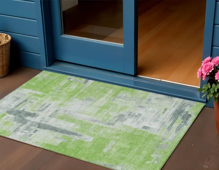 3' X 5' Artichoke Green And Green Abstract Washable Indoor Outdoor Area Rug