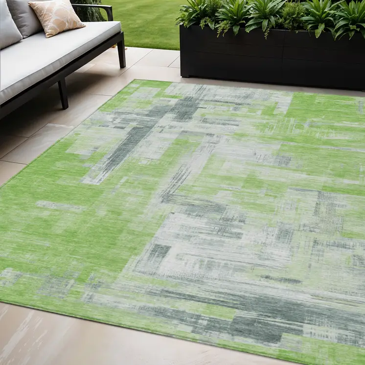 5' X 8' Artichoke Green And Green Abstract Washable Indoor Outdoor Area Rug