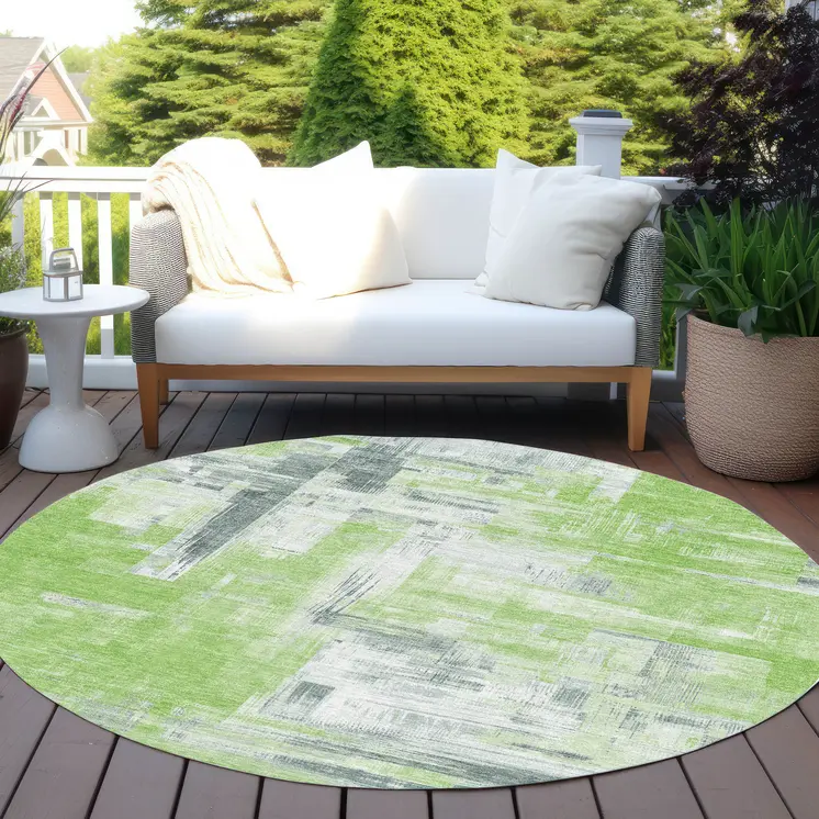 8' Artichoke Green And Green Round Abstract Washable Indoor Outdoor Area Rug