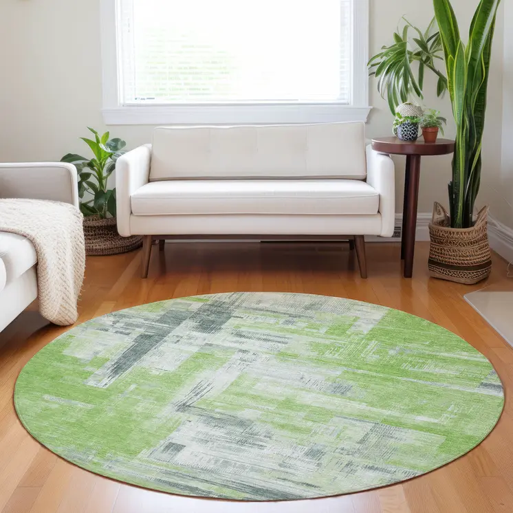 8' Artichoke Green And Green Round Abstract Washable Indoor Outdoor Area Rug