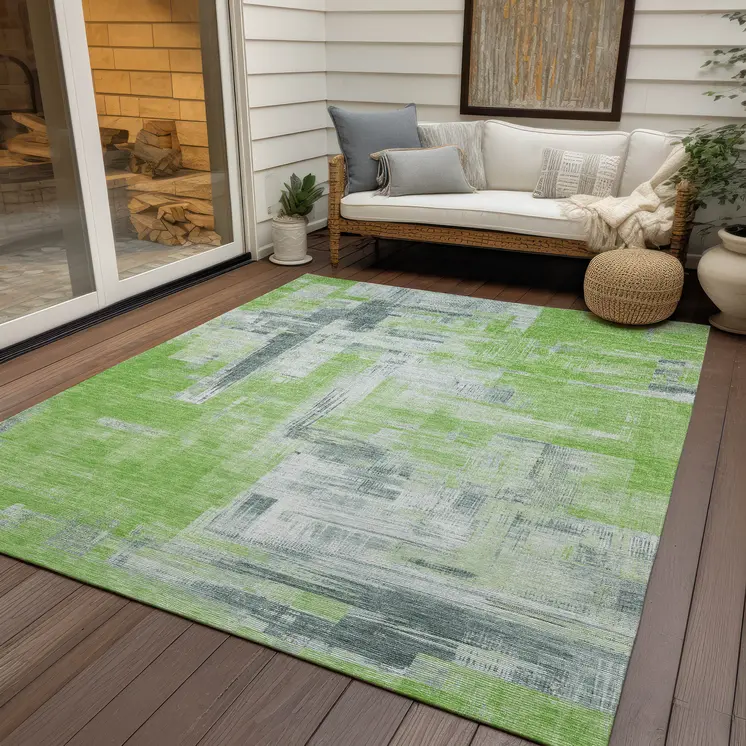 10' X 14' Artichoke Green And Green Abstract Washable Indoor Outdoor Area Rug