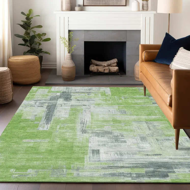 10' X 14' Artichoke Green And Green Abstract Washable Indoor Outdoor Area Rug