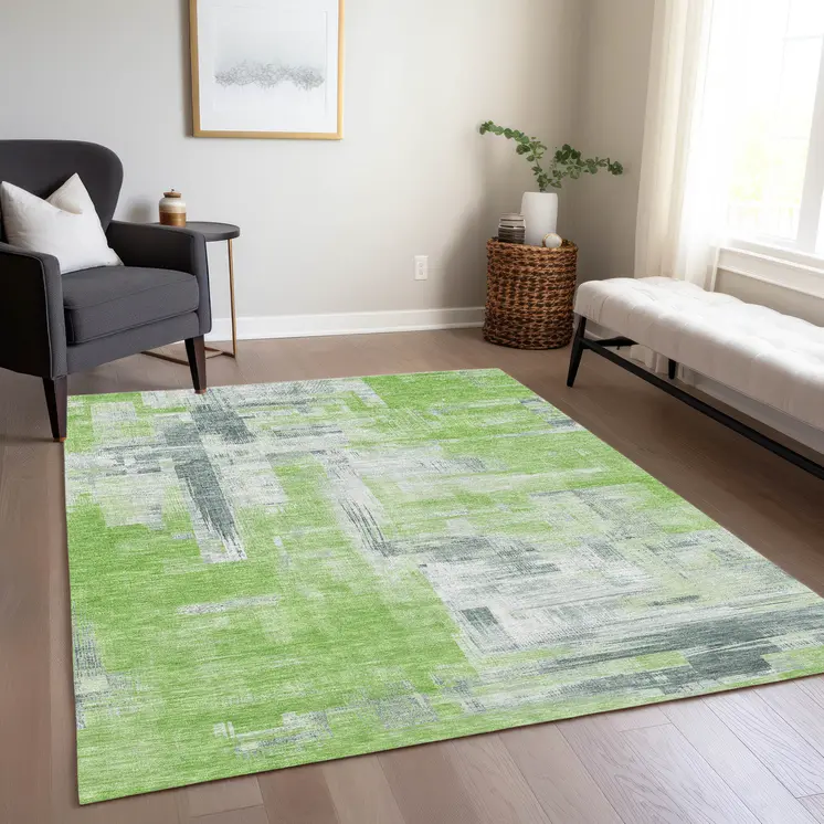 10' X 14' Artichoke Green And Green Abstract Washable Indoor Outdoor Area Rug
