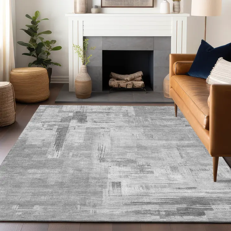 3' X 5' Gray And Off White Abstract Washable Indoor Outdoor Area Rug