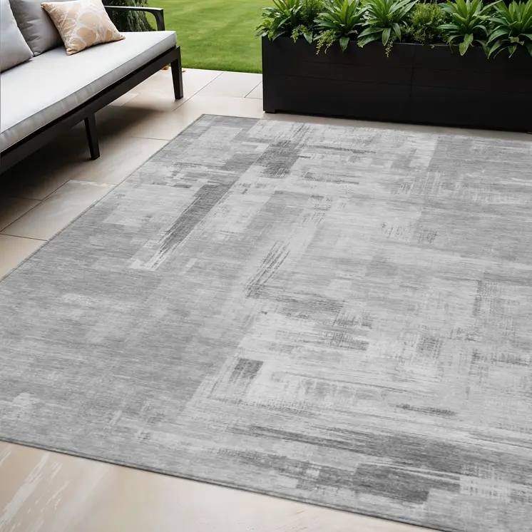 5' X 8' Gray And Off White Abstract Washable Indoor Outdoor Area Rug