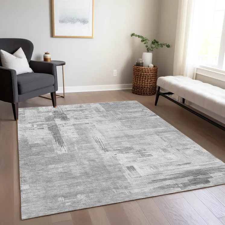 5' X 8' Gray And Off White Abstract Washable Indoor Outdoor Area Rug