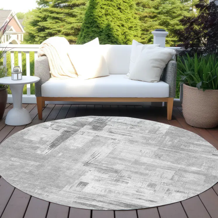 8' Gray And Off White Round Abstract Washable Indoor Outdoor Area Rug