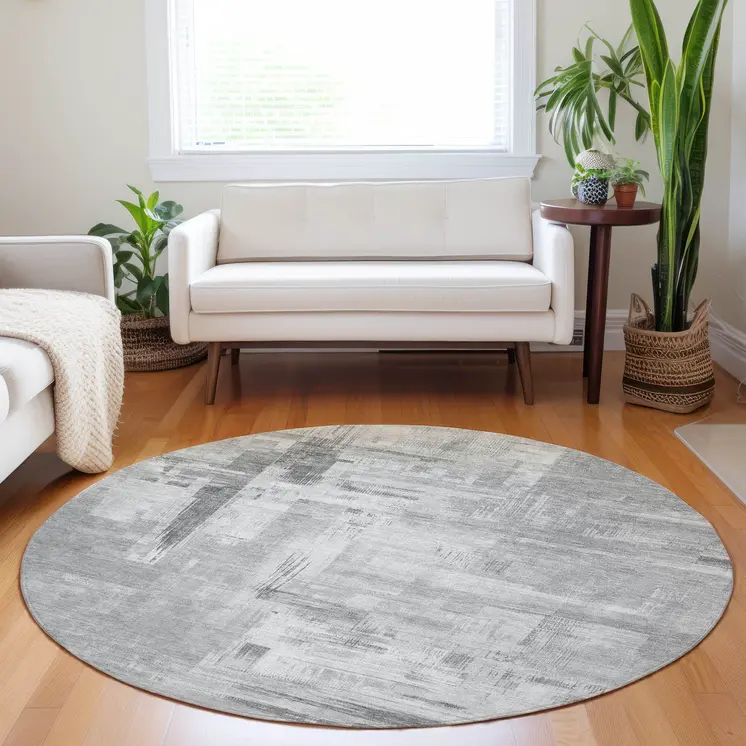 8' Gray And Off White Round Abstract Washable Indoor Outdoor Area Rug