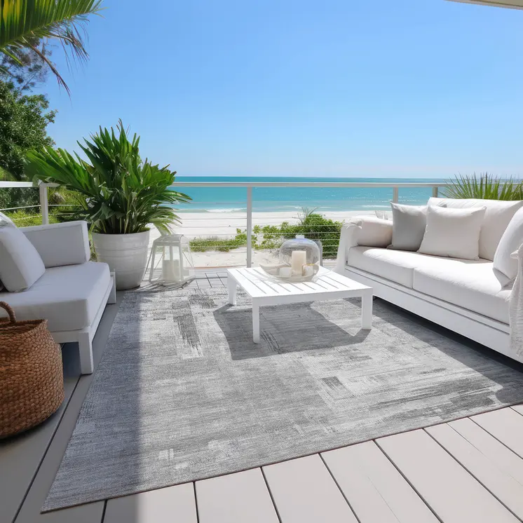 8' X 10' Gray And Off White Abstract Washable Indoor Outdoor Area Rug