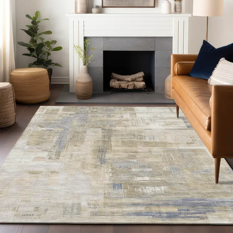 5' X 8' Ivory And Beige Abstract Washable Indoor Outdoor Area Rug