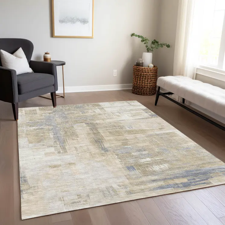 5' X 8' Ivory And Beige Abstract Washable Indoor Outdoor Area Rug