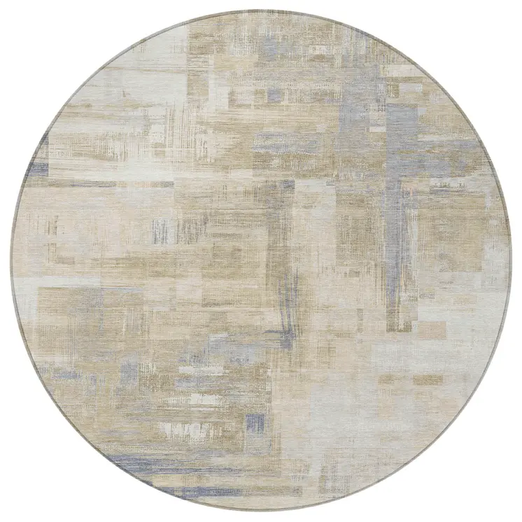 8' Ivory And Beige Round Abstract Washable Indoor Outdoor Area Rug