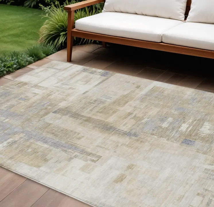 8' X 10' Ivory And Beige Abstract Washable Indoor Outdoor Area Rug