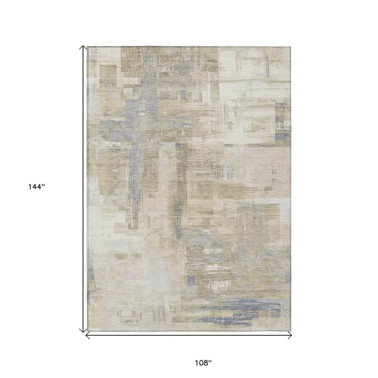 9' X 12' Ivory And Beige Abstract Washable Indoor Outdoor Area Rug