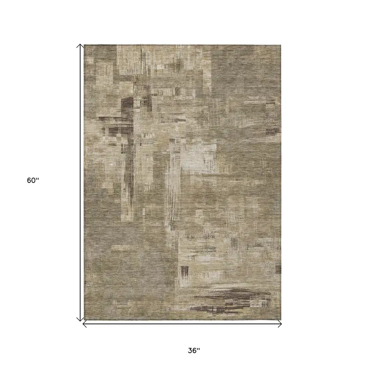3' X 5' Brown And Beige Abstract Washable Indoor Outdoor Area Rug