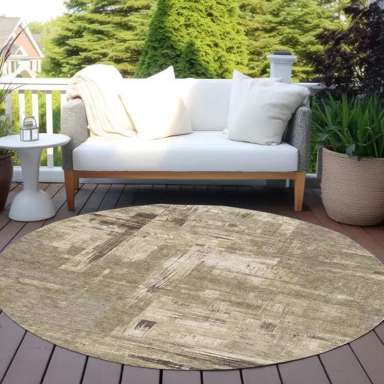 8' Brown And Beige Round Abstract Washable Indoor Outdoor Area Rug