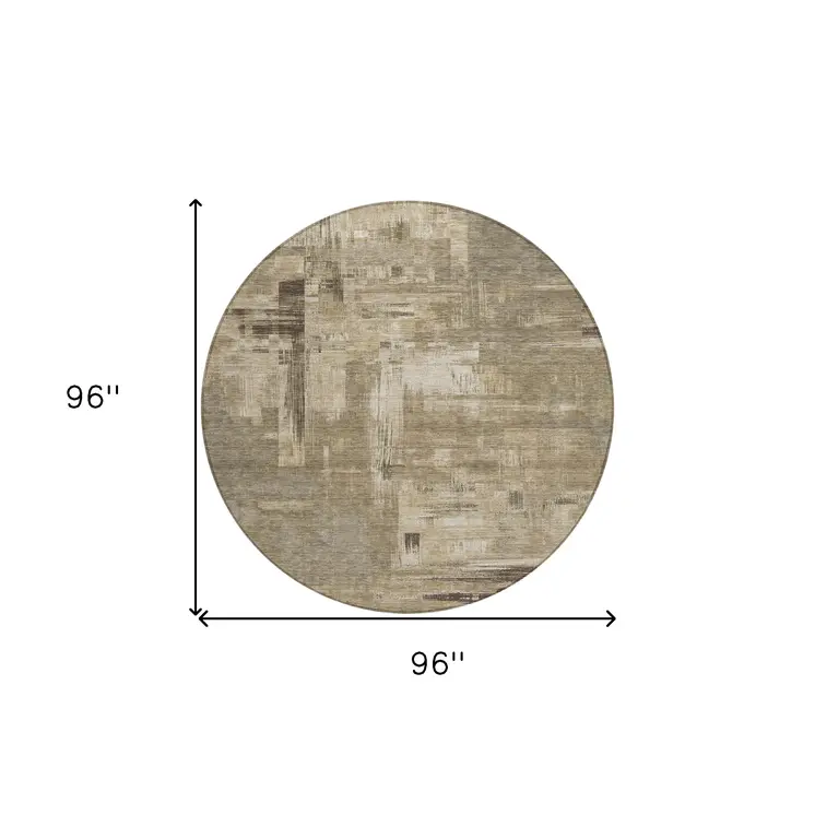 8' Brown And Beige Round Abstract Washable Indoor Outdoor Area Rug
