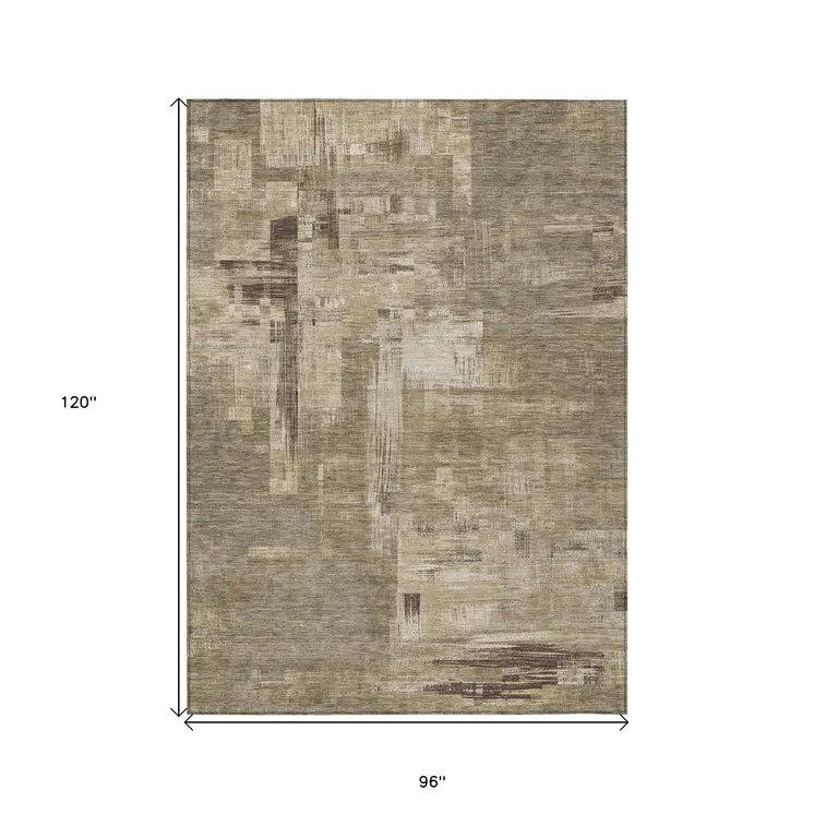 8' X 10' Brown And Beige Abstract Washable Indoor Outdoor Area Rug