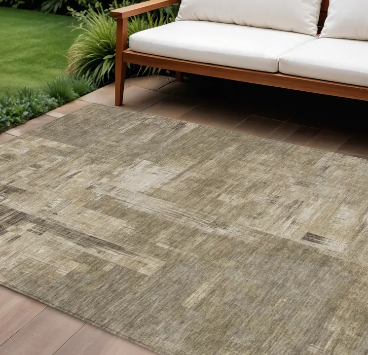 9' X 12' Brown And Beige Abstract Washable Indoor Outdoor Area Rug