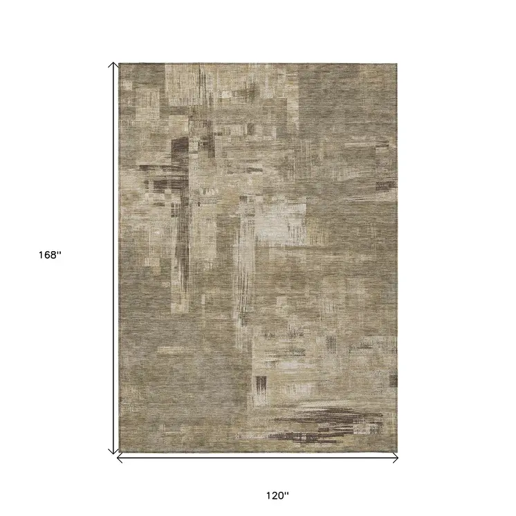 10' X 14' Brown And Beige Abstract Washable Indoor Outdoor Area Rug