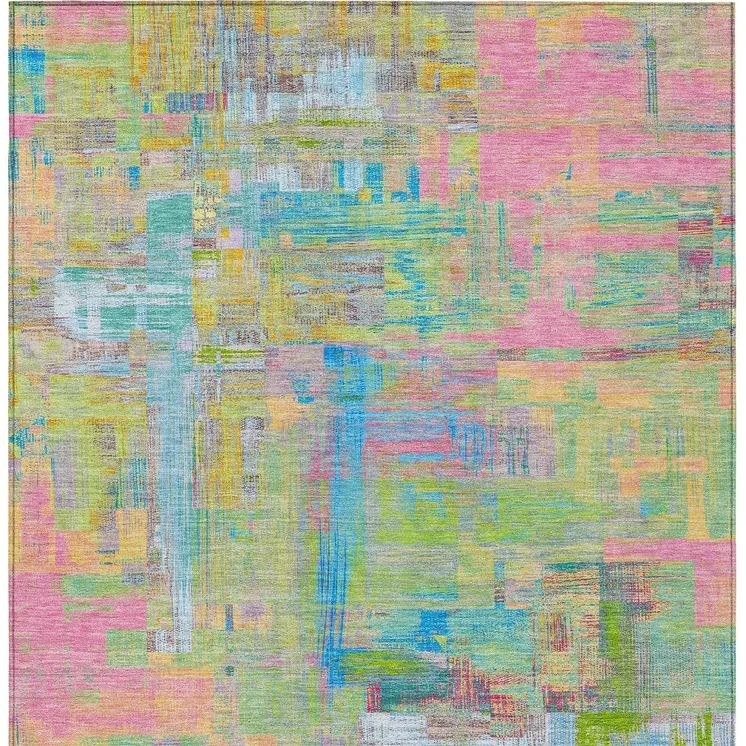 3' X 5' Pink Key Lime And Sky Blue Abstract Washable Indoor Outdoor Area Rug