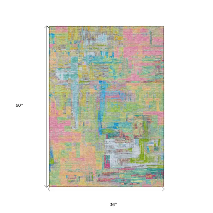 3' X 5' Pink Key Lime And Sky Blue Abstract Washable Indoor Outdoor Area Rug