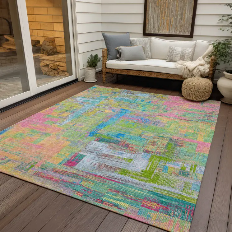 3' X 5' Pink Key Lime And Sky Blue Abstract Washable Indoor Outdoor Area Rug