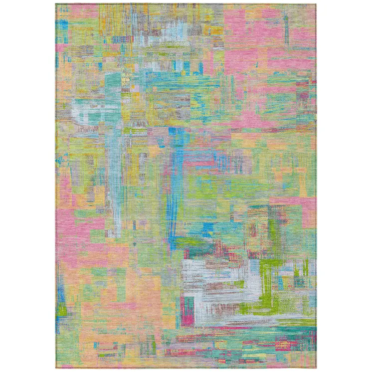 3' X 5' Pink Key Lime And Sky Blue Abstract Washable Indoor Outdoor Area Rug