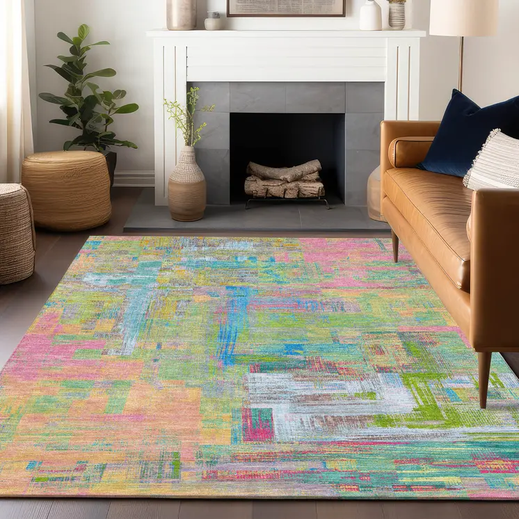 3' X 5' Pink Key Lime And Sky Blue Abstract Washable Indoor Outdoor Area Rug