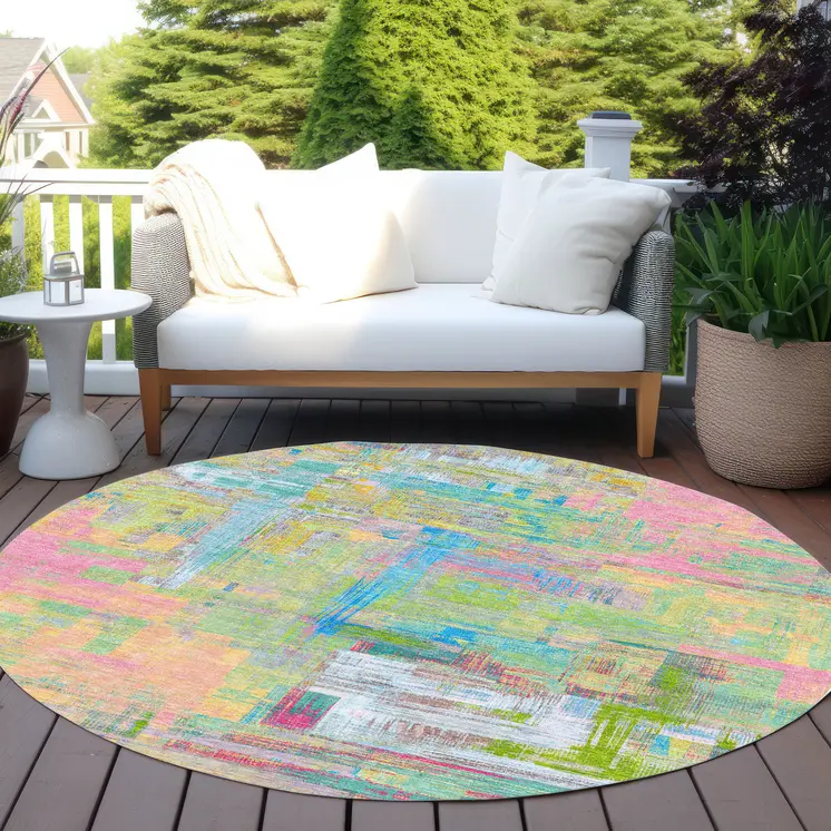8' Pink Key Lime And Sky Blue Round Abstract Washable Indoor Outdoor Area Rug