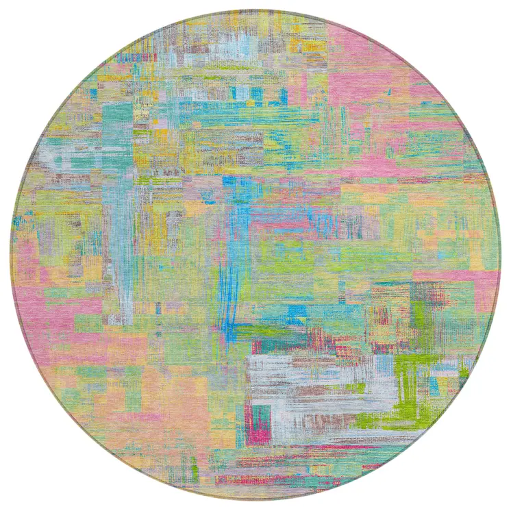 8' Pink Key Lime And Sky Blue Round Abstract Washable Indoor Outdoor Area Rug